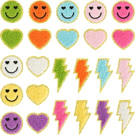 24pcs Colorful Self Adhesive Chenille Embroidered Patches Preppy Iron on Patches for Girls Cute Glitter Lightning Bolt Sew on Applique DIY Craft Accessories for Backpacks Clothing Jackets Hats