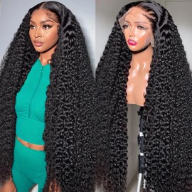 Vnrtkkn 36 Inch HD Lace Front Wigs Human Hair 200% Density 13x4 Deep Wave Lace Front Wigs Human Hair Curly Wigs for Women Glueless Deep Wave Frontal Wigs with Baby Hair Pre Plucked Deep Wave Wig
