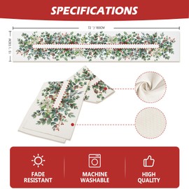 Cloudfomila Eucalyptus Poinsettia Leaves Christmas Table Runner 13 x 72 Inch, Rustic Burlap Xmas Table Runners Winter Holiday Kitchen Dining Table Decoration for Home Party Decor