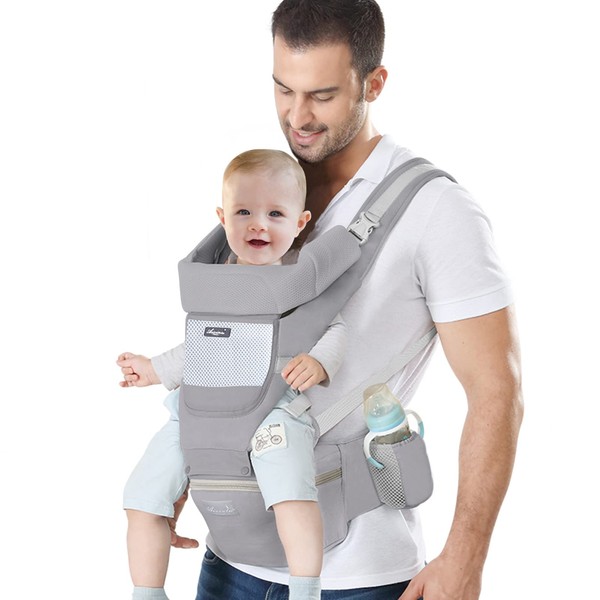 IULONEE Newborn Baby Carrier with Hip Seat Ergonomic Infant Carrier Adjustable Multifunctional Front and Back Carry for Childs Toddler 3 Months to 3 Years(7-45lbs) Grey