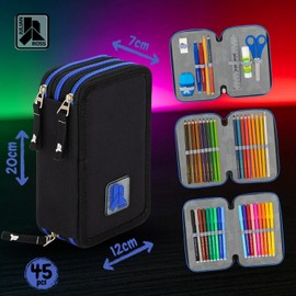 Julian Ross Children's Pencil Case, 3 Organised Compartments, Pencil Case Boy Filled with Stationery, Boys and Girls School Pencil Case, 45 Pieces for School, Glue Stick, 20 cm, Black and Blue, pen