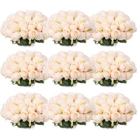 Jexine 100 Pieces Artificial Roses Flowers Bulk, Long Stem Realistic Fake Silk Roses Bouquet for Table Centerpiece Vases Wedding Party Kitchen Decor (Beige)