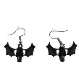 Zac's Alter Ego Pair of Black Bat Wings Earrings with Detailed Stone Skulls