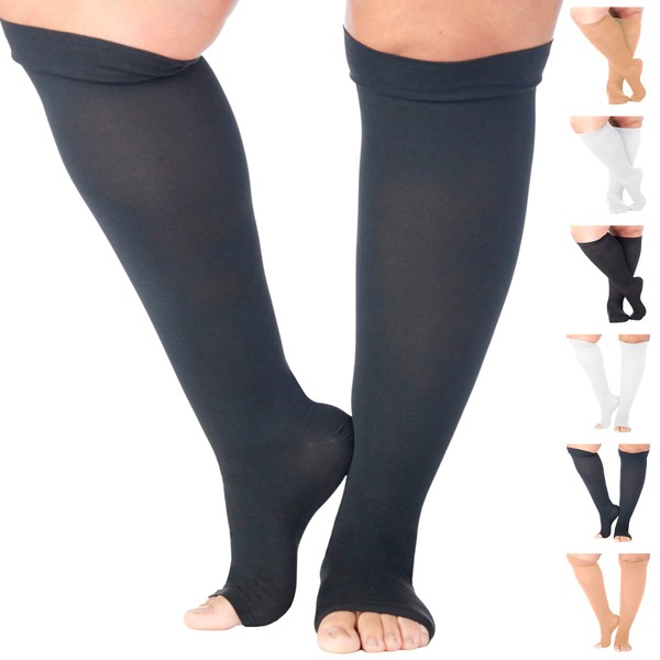 Fabricado en los Estados Unidos, calcetines de compresión unisex de 10 a 20 mmHg con puntera abierta/cerrada, puntera abierta negra, XL