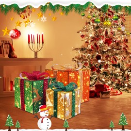 Robofun Set of 3 LED Christmas Gift Boxes, LED Decorative Gift Box with Timer, 8 Flash Modes and Remote Control, Christmas Decoration Gift Boxes for Christmas Tree, Red, Green, Yellow