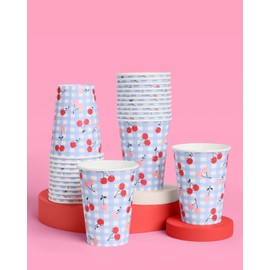 xo, Fetti Cherry Blue Gingham Paper Cups - 12 oz, 24 pcs | Bachelorette Drinkware, Dinner Party Setting, Birthday Decoration, Kids Tablescape