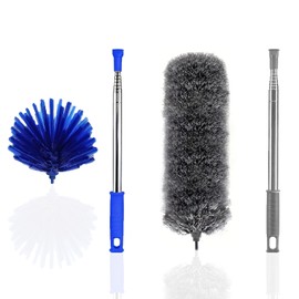 Yuibthr Cobweb Duster with Extension Pole, Spider Web Brush & Ceiling Duster Kit for Cleaning,w 2 Pack 15-100 Inch Long Handle Dusters for Cleaning Ceiling Fan, Blinds, Furniture & Cars, Gray+Blue