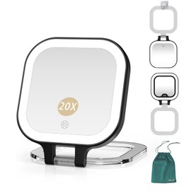 Mocado Compact Travel Makeup Mirror, 1X/20X Magnifying Mirror with Light, Double Sides Compact Mirror with 3 Color Light, Dimmable Handheld Mirror, Rechargeable Travel for Purse,Pocket(Black)