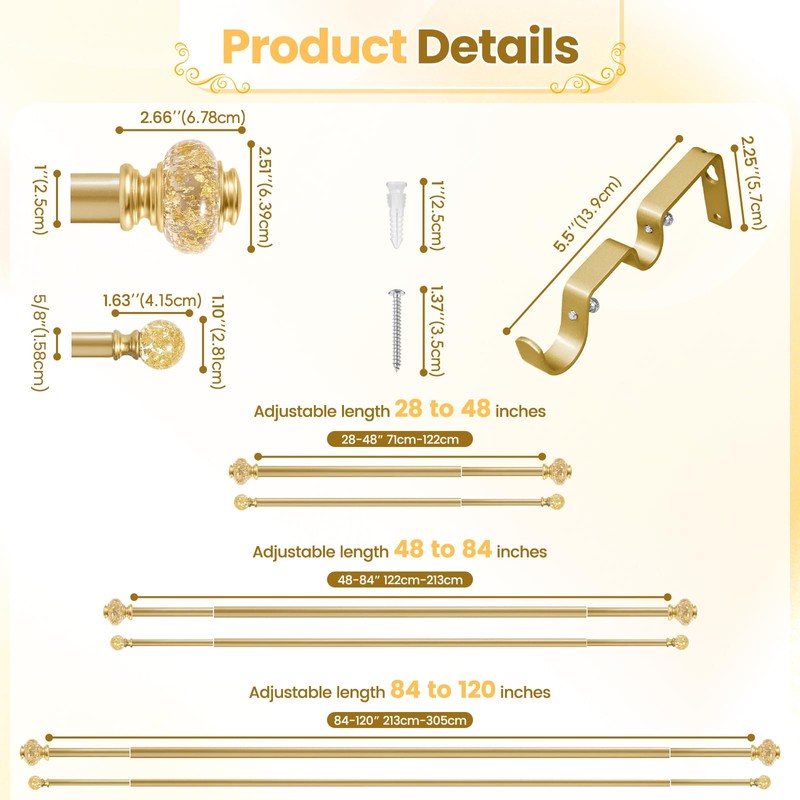 BHSRODS 1" Modern Gold Double Curtain Rod Glass Ends, 48