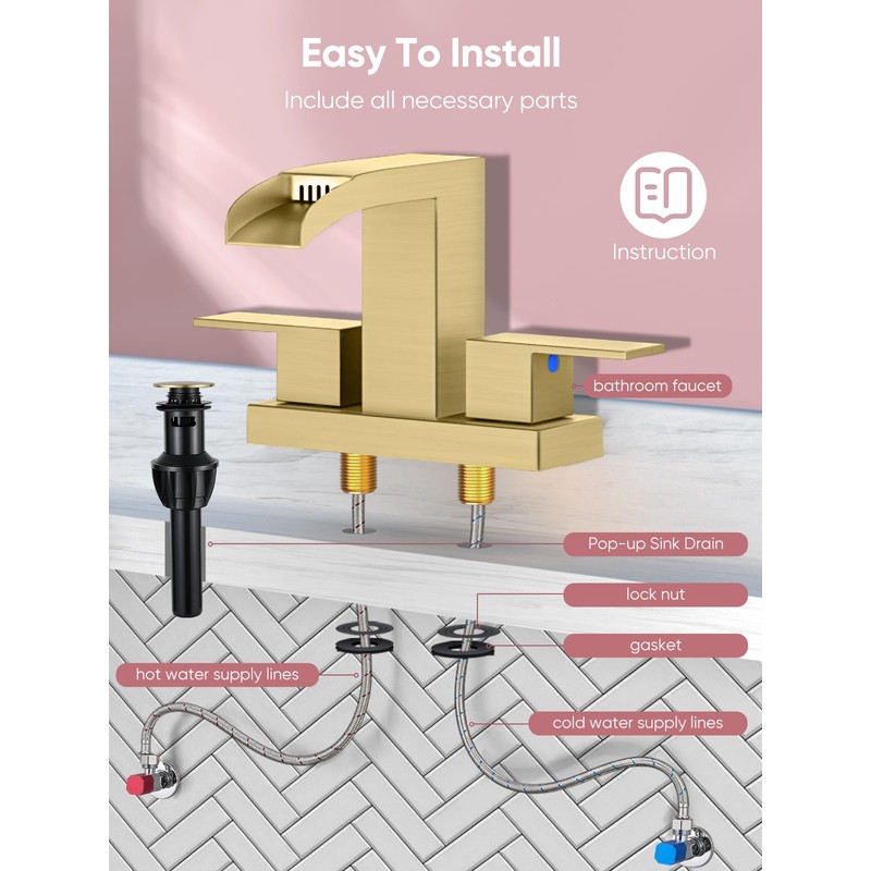 Cobbe Waterfall Bathroom Faucets 3 Hole, Brushed Gold Bathroom Sink