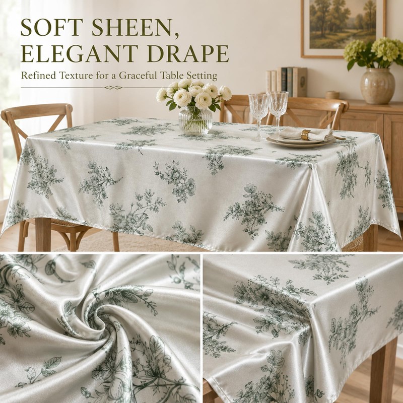 Botanical Floral Polyester Tablecloth Vintage Green Leaf Design