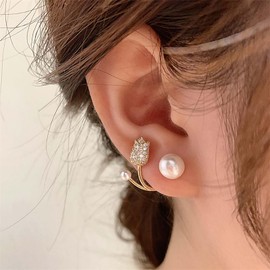 Cimenexe Bohemian Crystal Tulip Pearl Jacket Earrings Gold CZ Paved Tulip Flower Earrings Round Pearl Stud Earrings Rhinestone Tulip Pearl Earrings Jewellery For Women, Zinc, No Gemstone