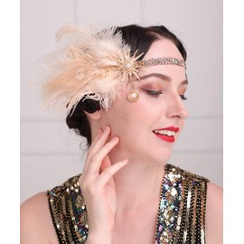 Aimimier 1920s Flapper Feather Headband Champagne Feather Headpiece with Rhinestone Head Chain Hair Accessories for Women