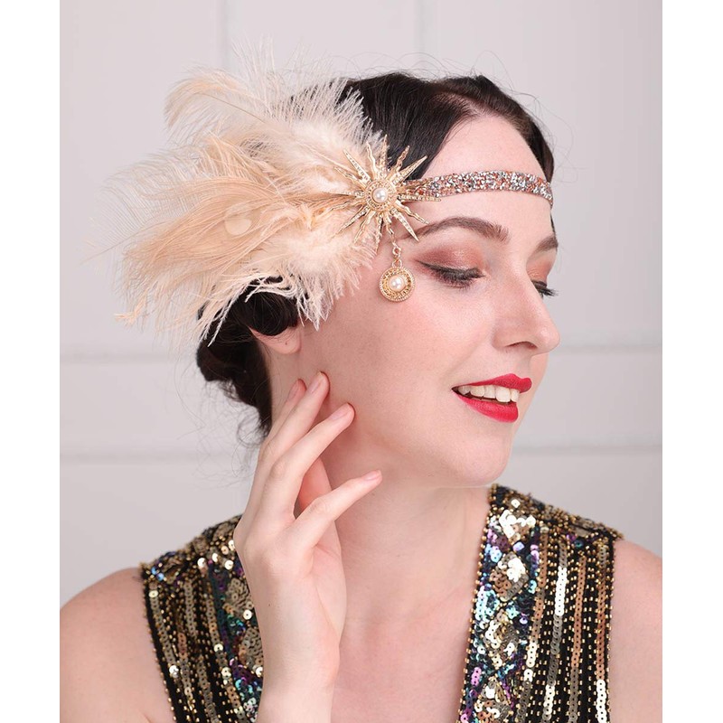 Aimimier 1920s Flapper Feather Headband Champagne Feather Headpiece with Rhinestone