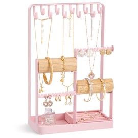 Lolalet Jewelry Holder Organizer, Aesthetic Jewelry Display Stand for Necklaces Bracelets Earrings Rings, Room Décor -Pink