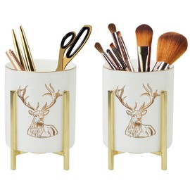 MONOSUGO Pen Cup Holder for Ladies, Desk Pencil Holder for Women, Cute Makeup Brush Holder, Large Ceramic Cup with Gold Metal Frame, Office Desk Supplies for Women, 2 PCS Set
