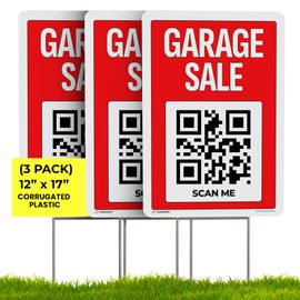 12'' x 17'' Garage Sale Sign With Stakes (Plastic, 3-Pack) Double Side Print I Yard Sale Sign With Metal Stakes I App Included