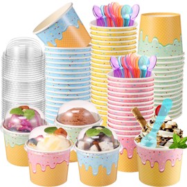 Jingmore 40 Pack 6 oz Ice Cream Cups with Lids and Spoons Paper Dessert Cups Colorful Sundae Bowls Disposable Ice Cream Containers for Hot Soup Spring Summer Graduation Bar Party Supplies
