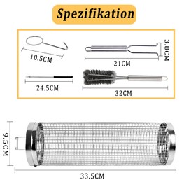 Set of 2 Stainless Steel Grill Baskets with Removable Handle, Grill Accessories, BBQ Grill Vegetables Grill Basket, Cylindrical, Rolling Grill Basket, Barbecue Accessories, Camping and Patio Grills,