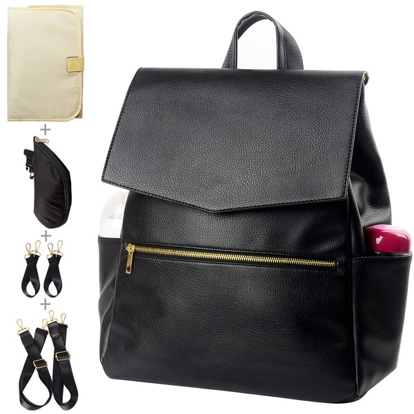 KZNI Leather Diaper Bag Backpack, Diaper Backpack Nappy Baby Bags for Mom Unisex Maternity Diaper Bag with Stroller Hanger|Thermal Pockets|Adjustable Shoulder Straps|Water Proof| LargeCapacity(Black)