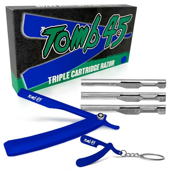 Tomb 45 Triple Cartridge Razor Holder | Disposable Razor Safety Handle For Barbers | 100% Metal Grip & 3 Adjustable Blade Exposure Options For Shaving | Men's Straight Edge Razors Manual Shaver (Blue)