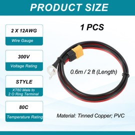 MECCANIXITY XT60 to O Ring Terminal Cable, 12AWG 2 ft Tinned Copper XT60 Male to 2 O Ring Connector Extension Cable UL2468 for RC Batteries, Portable Power Station