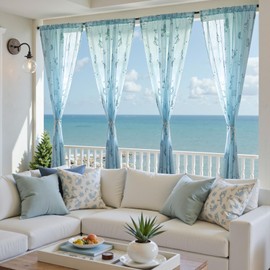 jinchan Blue Sheer Curtains for Living Room Bedroom Coastal Nursery Curtains 84 Inch Long Beach House Voile Transparent Seashell Seahorse Printed Window Treatments Set Rod Pocket 2 Panels