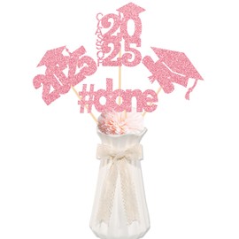 CAVLA 16 Pieces Rose Gold Glitter 2025 Graduation Party Centerpiece Sticks Class of 2025 Done Graduation Cap Diploma Table Toppers 2025 High School College Congrats Grad Grad Party Decoration