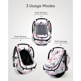 Sweetwavet Car Seat Cover Baby Girls, Infant Car Seat Canopy Outdoor, 2 Layers with Mesh and Sun Shade Window for Summer Winter, Easy Access Carseat Covers Snug Fit Baby Stroller - Pink Floral