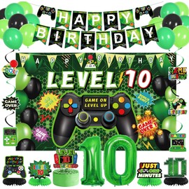Vlipoeasn Green 10th Birthday Decorations for Boys, Video Game Level 10 Banner Backdrop Honeycomb Centerpieces Hanging Swirls for 10th Birthday Party, Gamer 10 Years Old Party Supplies