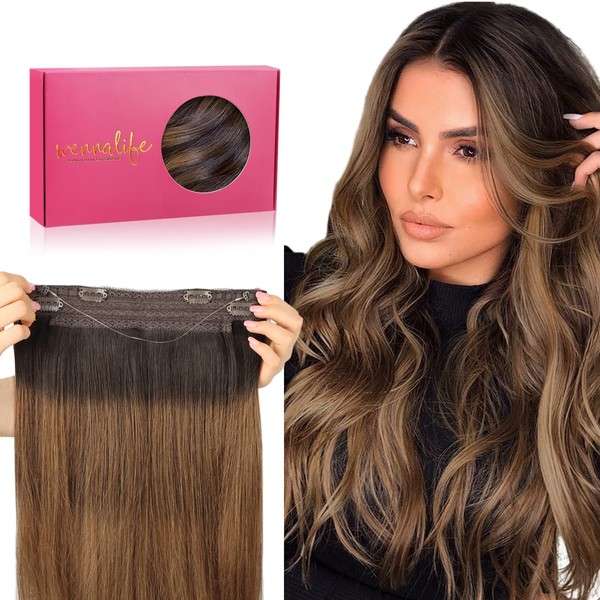 WENNALIFE Secret Hair Extensions Real Hair, 50 cm, 20 Inches 110 g Dark Brown to Chestnut Brown and Dirty Blonde Highlights Wire Hair Extensions Invisible Wire Extensions