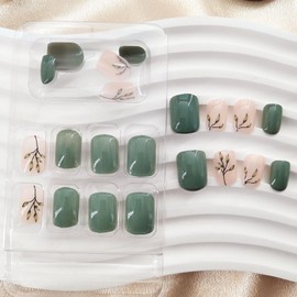 Square Press on Nails Short Fake Nails Press ons with Leaf Designs Artificial Acrylic Glue on Nails Green Full Cover False Nails Glossy Short Stick on Nails for Women 24 Pcs