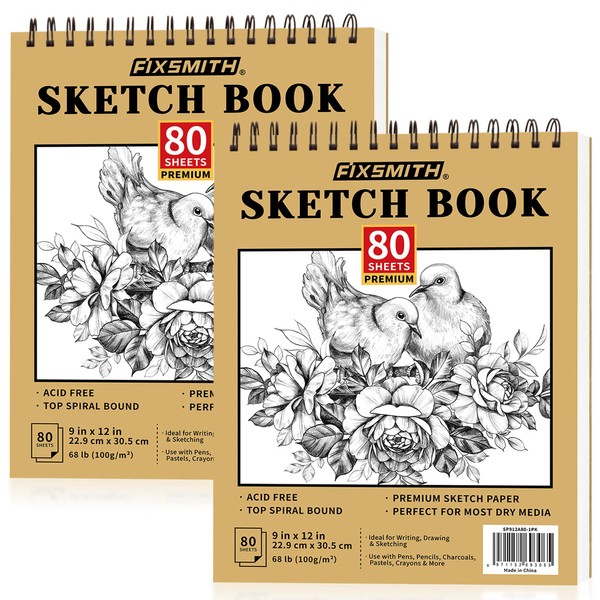 FIXSMITH 9"X12" Sketch Book | 160 Sheets (68 lb/100gsm) | 2 Pack Sketchbooks | Top Spiral Bound Artist Sketch Pad | Acid Free Drawing Pad | Ideal for Kids,Beginners,Artists &Painters | Bright White
