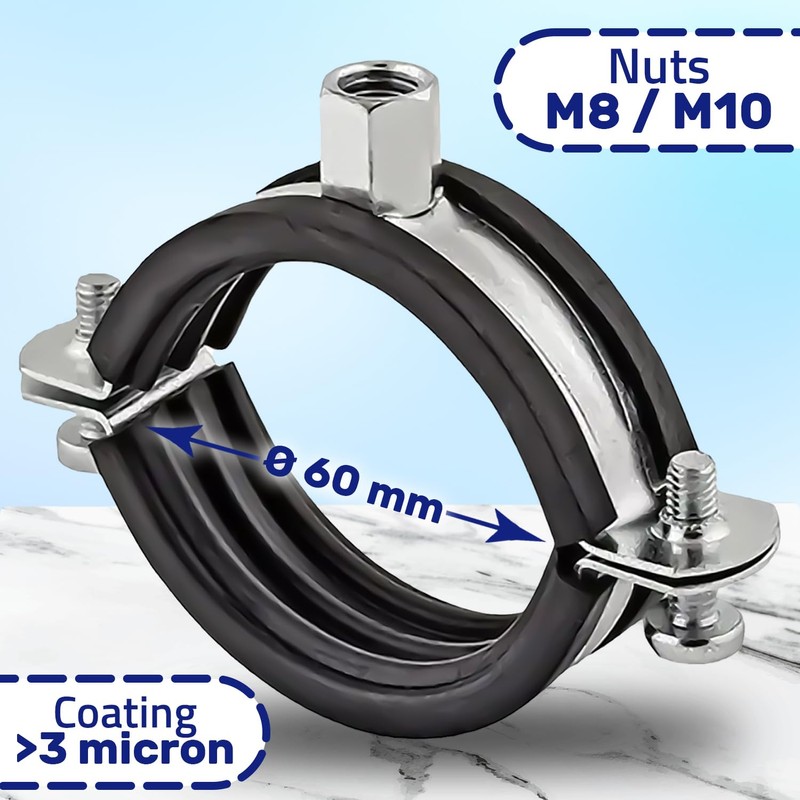 Reinforced Pipe Clamp M8/M10 with Rubber Gasket and with Diameter