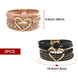 2Pcs Heart Braid Leather Wrap Bracelets,Stackable Boho Cuff Bangles,Woven Leather Multi-Layer Wrap Bracelet with Clasp,Inlaid Wide Cuff Bracelets Jewelry Gift For Women,Trendy Valentines Gift for Her