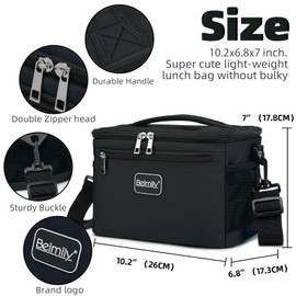 BEIMILY Lunch Box for Men/Women, Small Insulated Lunch Bag, Leak-Proof Soft Cooler Tote Bag, Reusable LunchBox for Work, Travel, Fitness, Picnic with Adjustable Shoulder Strap for Adults (Black)