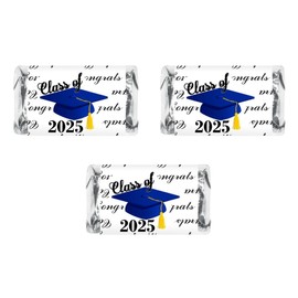 60 Graduation Cap Party Class of 2025 Miniatures Candy Bar Wrapper, (Set of 60) Mini Candy Chocolate Bar Stickers, Labels, Candy Not Included, Color Blue. Made in USA