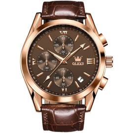 OLEVS Brown Leather Watch Men Chronograph Rose Gold Case Analog Quartz Fashion Business Dress Large Face Watches for Men Luminous Waterproof Casual Man Wrist Watch Brown Dial Reloj De Hombre