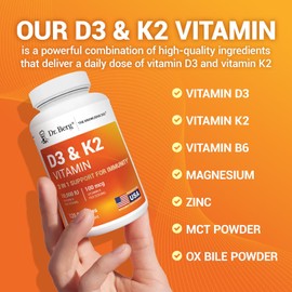 Dr. Berg Vitamin D3 & K2 10,000 IU + MK-7 – 120 Capsules – Immune, Bone & Heart Support* Supplement w/Magnesium, Zinc, B6 – 4X Lab-Tested – No Fillers – Non-GMO, cGMP, Formulated in USA