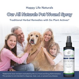 Happy Life Naturals-Pet Wound & Skin Care Spray Aid for Dogs & Cats - Relieves, Itch, Hot Spots, Safe for All Pets with Aloe, Neem, Madre de Cacao, Vitamin E-4.06 fl oz