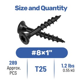 WELLOCKS Deck Screws 1", Wood Screws #8×1", Black 289 PCS, Superior Rust Resistant, Epoxy Coated, Above 1000 Hour Salt Spray Coating T25 Torx Star Bit Included for Outdoor Wood Fence