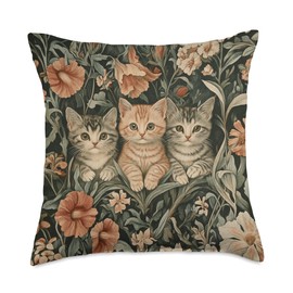 Three Kittens William Morris Style Tapestry Throw Pillow
