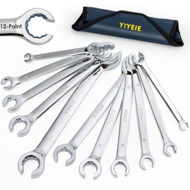 YIYEIE 12-Point Flare Nut Wrench Set Metric & SAE, 8mm-19mm & 1/4"-7/8", 11PCS Offset Line Wrench Set for Brake, Fuel and Tubing, CR-V Steel, Double Open End with Organizer Pouch for Removing Nuts