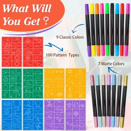 Temporary Tattoos Marker Kit - 16 Dual-Ended Tattoo Pens (9 Classic + 7 Matte Colors), 100 Tattoo Stencils, Skin-Safe, Waterproof Body Markers Set for Kids Teen Adults, Fun for Parties & DIY Art