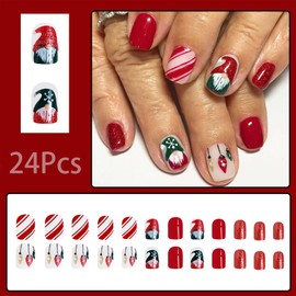 24PCS Christmas Press on Nails Short Square Fake Nails with Candy Designs Santa Claus False Nails Red Glitter Snowball Full Cover Stick on Nails Acrylic Winter Artificial Nails for Women Glue on Nails