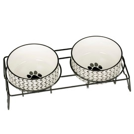 Signature Housewares Ceramic Pet Bowl Set - Food Water Bowls for Dogs and Puppies, Large Cats with Sturdy Metal Stand - Set of 2 6in. Bowls, 32 oz Each