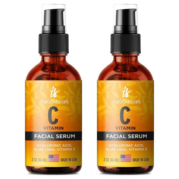 2-Pack Vitamin C Serum for Face (2oz) with Hyaluronic Acid and Vitamin E Natural Skin Care Facial Treatment Neck and Chest Anti-Aging Serum Fights Pigmentation Fine Lines and Wrinkles