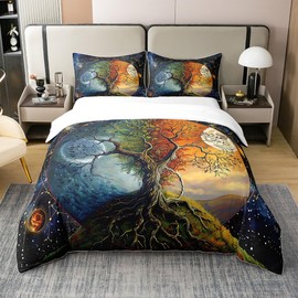 Feelyou Tree of Life Duvet Cover 100% Cotton Queen Size Sun and Moon Bedding Set for Kids Psychedelic Galaxy Comforter Cover Set Teens Decor Constellations Bedspread Cover Zipper