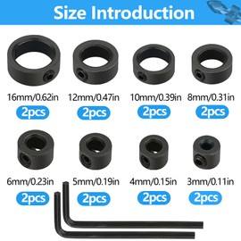 Depth Stop for Drill, 16 Pieces Drilling Depth Limiter 3/4/5/6/8/10/12/16 mm Black Drill Depth Stop Set with Hex Key for Woodworking Drilling