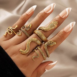 Carufin Vintage Snake Ring Set Animal Finger Joint Rings Stackable Knuckle Rings Jewelry for Women and Girls(Pack of 4) (Gold)